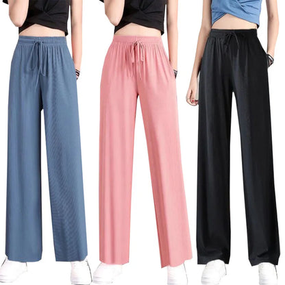 Summer Women Ice Silk Pant Female High Elastic Waist