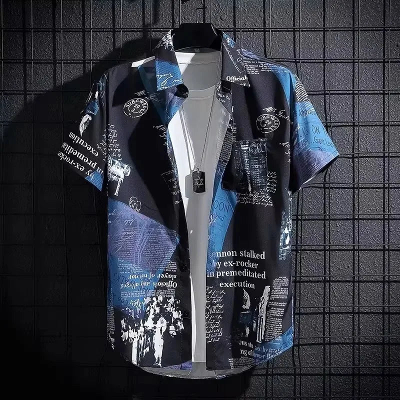 Short sleeved shirt men's thin graffiti print Hong Kong fashion