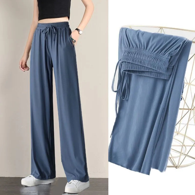 Summer Women Ice Silk Pant Female High Elastic Waist
