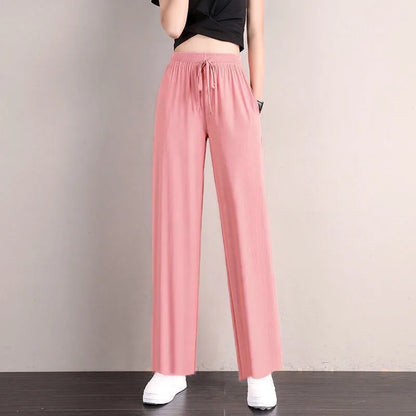 Summer Women Ice Silk Pant Female High Elastic Waist