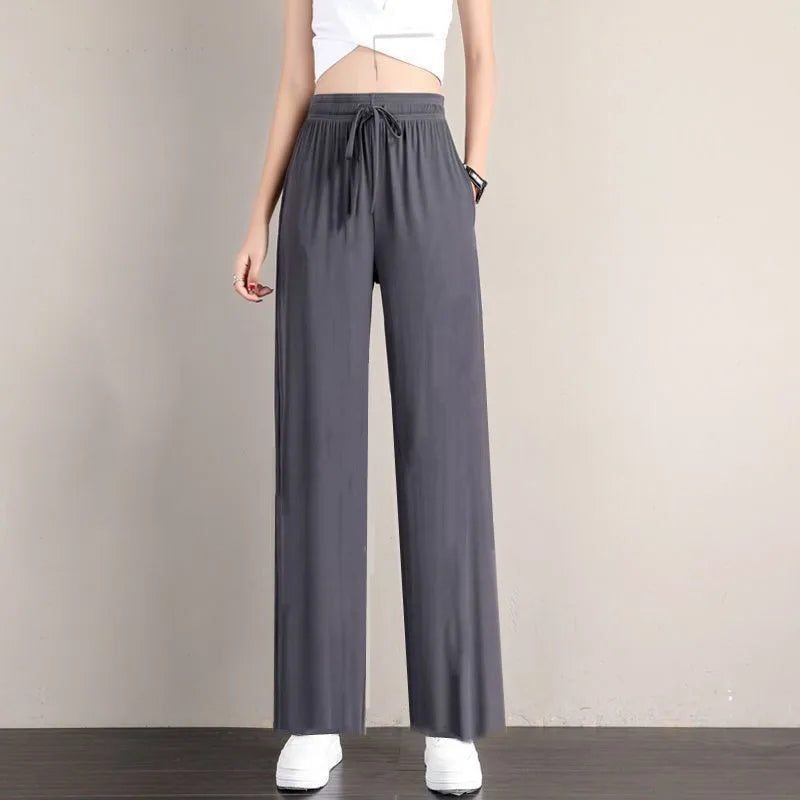 Summer Women Ice Silk Pant Female High Elastic Waist