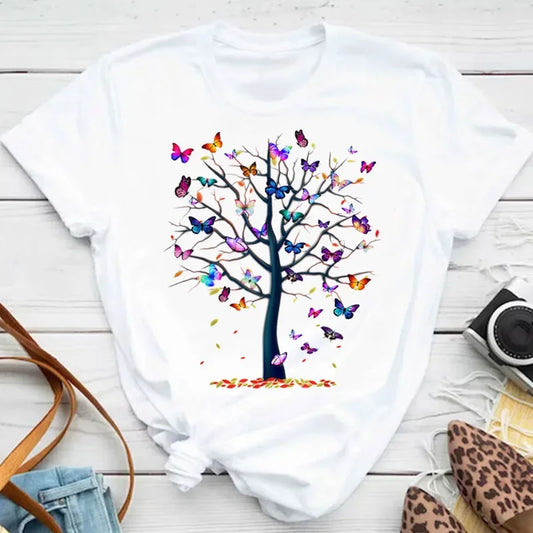 New Fashion Women T-shirt Colorful Butterfly Petal Print