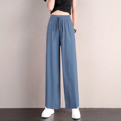 Summer Women Ice Silk Pant Female High Elastic Waist